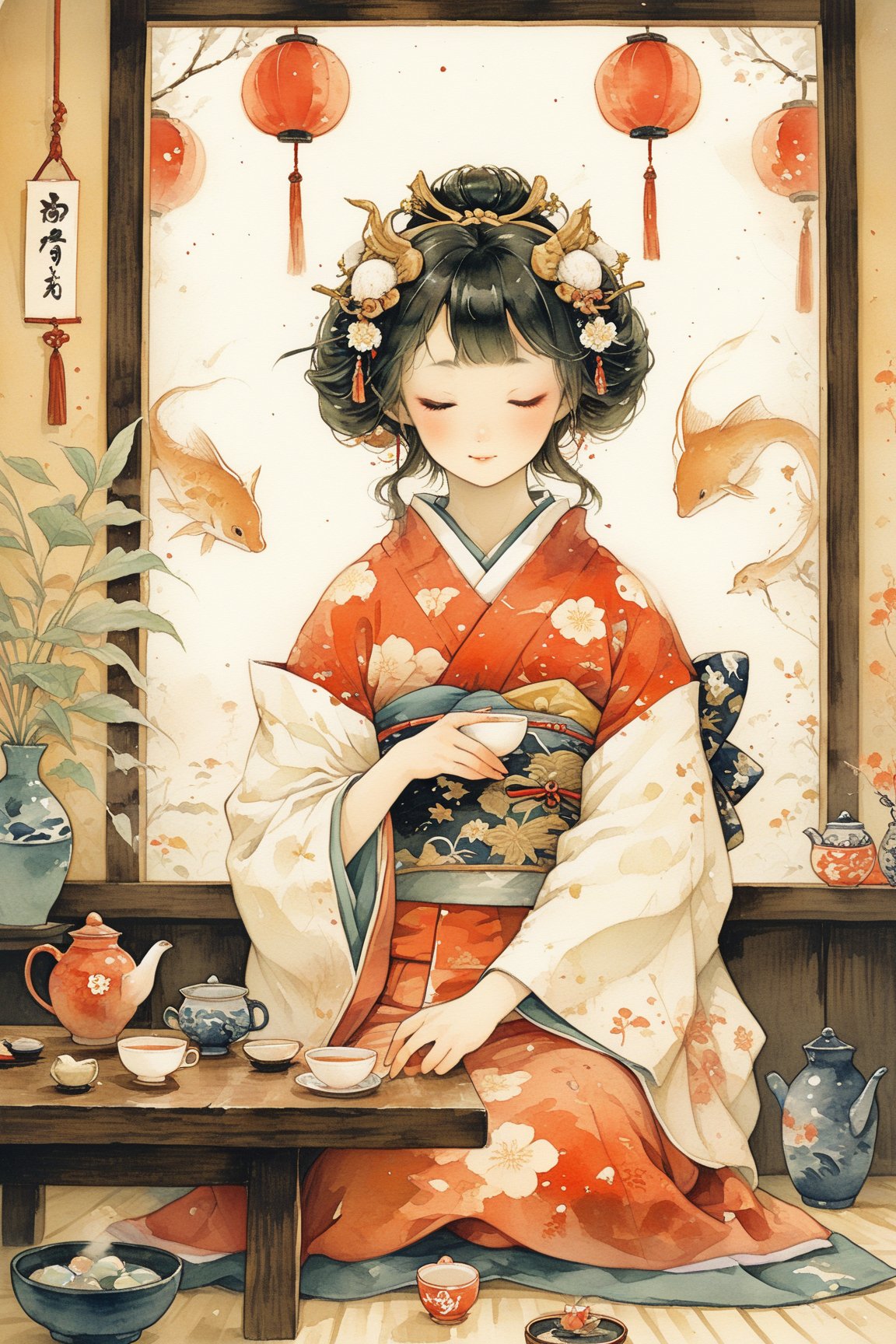 Here is the image of a woman wearing a traditional kimono, sitting in a Japanese-style room (washitsu), and drinking Japanese tea. The scene captures the serene and peaceful atmosphere beautifully. If there's anything more you'd like to add or adjust, feel free to let me know!