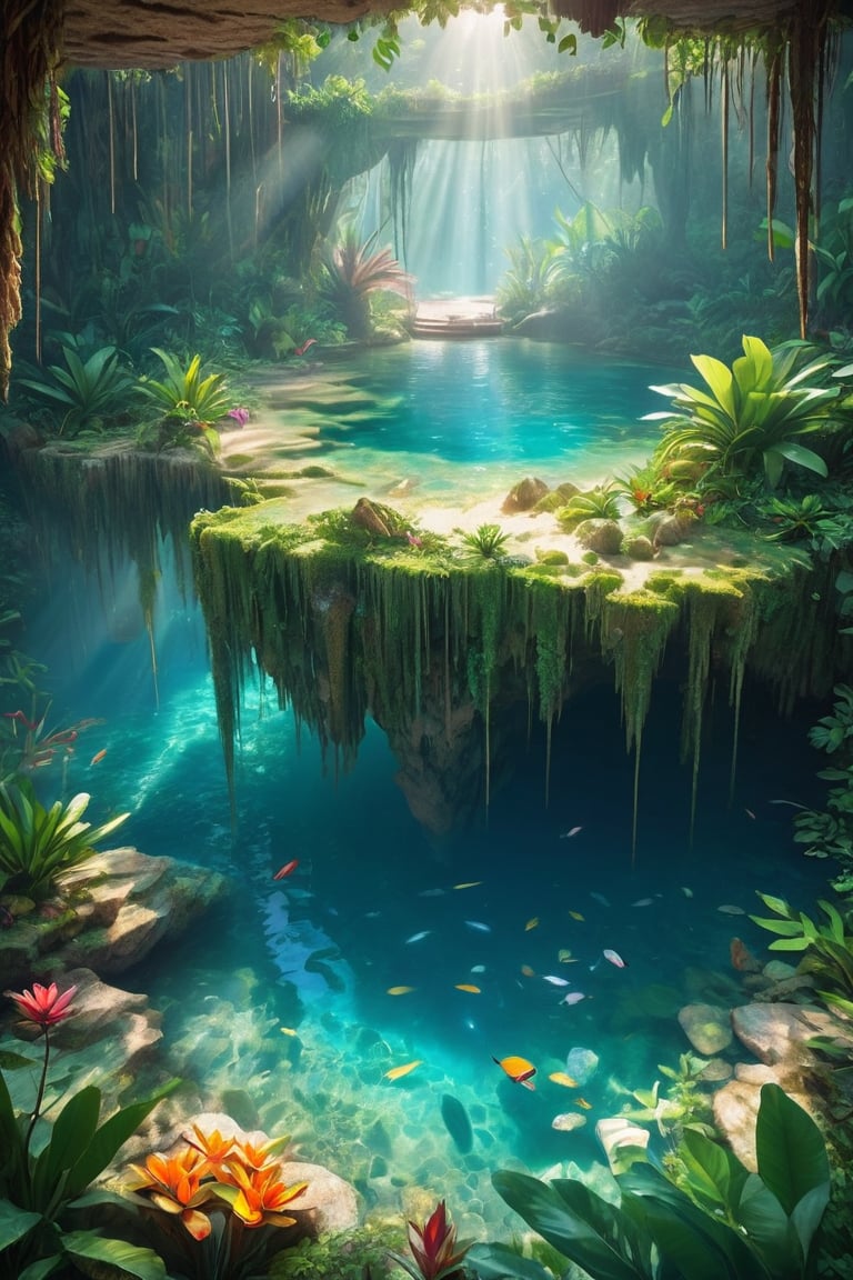 ((extremely realistic photo)), professional photo, The image features a massive crystal-clear cenote, hidden deep within a tropical jungle, ((ultra sharp focus)), (realistic textures:1.1), aesthetic. masterpiece, pure perfection, high definition ((best quality, masterpiece, detailed)), ultra high resolution, hdr, art, high detail, add more detail, (extreme and intricate details), ((raw photo, 64k:1.37)), ((sharp focus:1.2)), (muted colors, dim colors, soothing tones ), siena natural ratio, ((more detail xl)),more detail XL,detailmaster2,Enhanced All,photo r3al,masterpiece,photo r3al