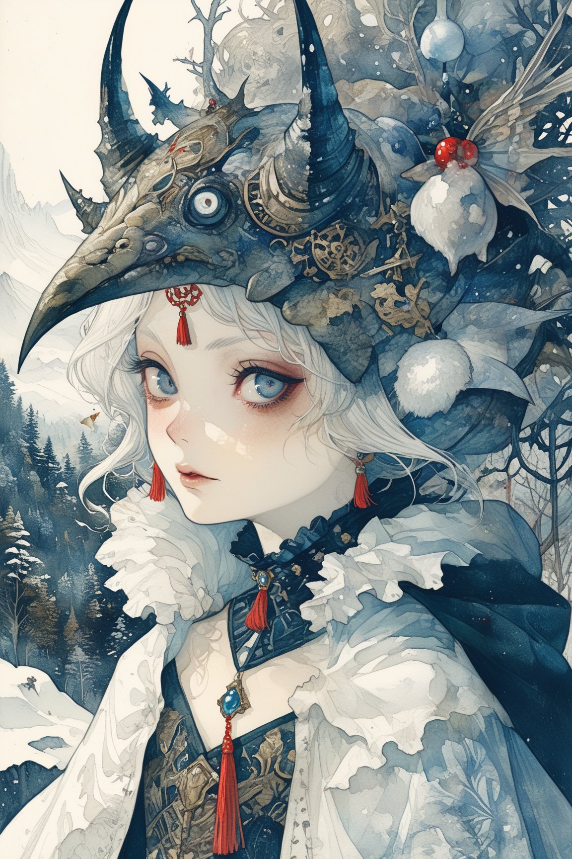 A fierce female warrior fighting in a snowy forest, in Medieval cloak, fur trimmed cloak, long hair, looking at viewer, blue eyes, simple background, (hair ornament), gem, tassel, hair between eyes, jewelry, upper body, earrings, lips, fur trim, eyelashes, portrait, beads, emo, (sharp eyes:1.4), (rebellious:1.4), (fierce:1.4), (standing: 1.2), silver-white hair, Gothic make-up, tough, wild. Kyoto Animation stylized anime, cinematic Lighting, ethereal light, intricate details, extremely detailed, incredible details, full colored, complex details, insanely detailed and intricate, hyper maximalist, gorgeous light and shadow, detailed decoration, detailed lines. Masterpiece, best quality, aerial view, HDR, UHD, unreal engine. looking at the camera, dark Fantasy background, representative, fair skin, beautiful face,A beautiful girl, blonde hair, dynamic character, detailed exquisite face, bold high quality, high contrast,art_booster,DonMS4kur4XL