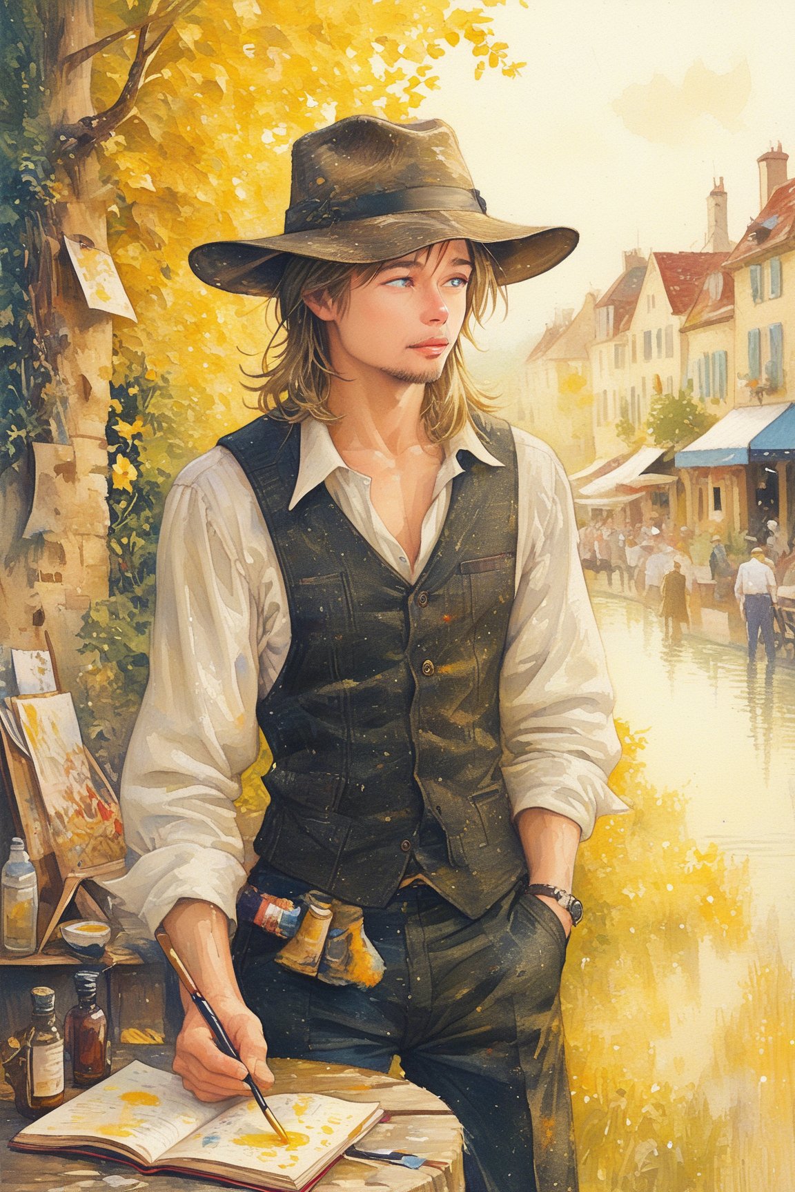 Brad Pitt exuding charisma and charm, textured oil painting, thick oil paint, brush strokes, Artrage effect,  highly detailed, sunny outdoor backdrop, dynamic lighting, super detailing, painterley effect, post impressionism, ,oil painting,comic book