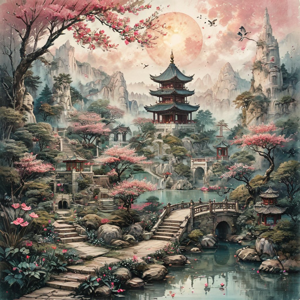 ink scenery, no humans, sunset, lake in the middle of the forest, big trees, blooming branches, pink flowers on the water, big temple with stairs, Chinese bridge over the pond, muted colors,  negative space,  chinese ink drawing