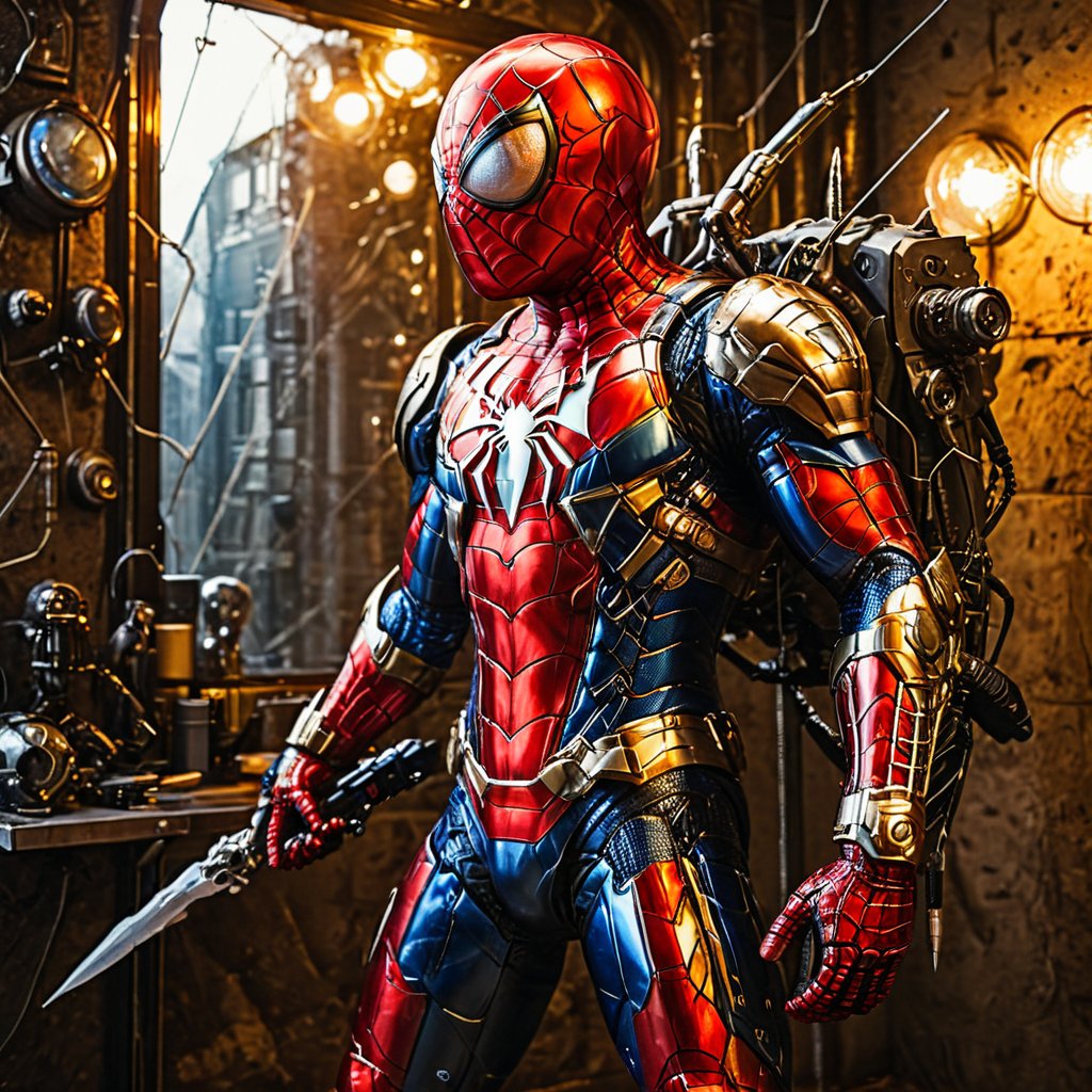 Angry spiderman mecha robo soldier character, anthropomorphic figure, wearing futuristic mecha soldier armor and weapons, reflection mapping, realistic figure, hyperdetailed, cinematic lighting photography, 32k uhd with a golden staff, red lighting on suit, 

By: panchovilla,mecha