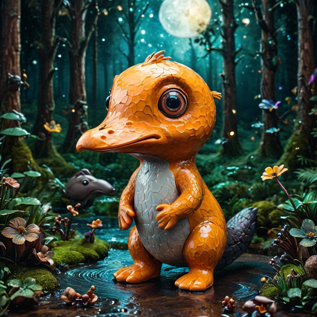 close up angle of, , ((toy),(3d Platypus )) surrounded by forest, animal, detailed focus, deep bokeh, beautiful, , dark cosmic background. Visually delightful , 3D,more detail XL,chibi,