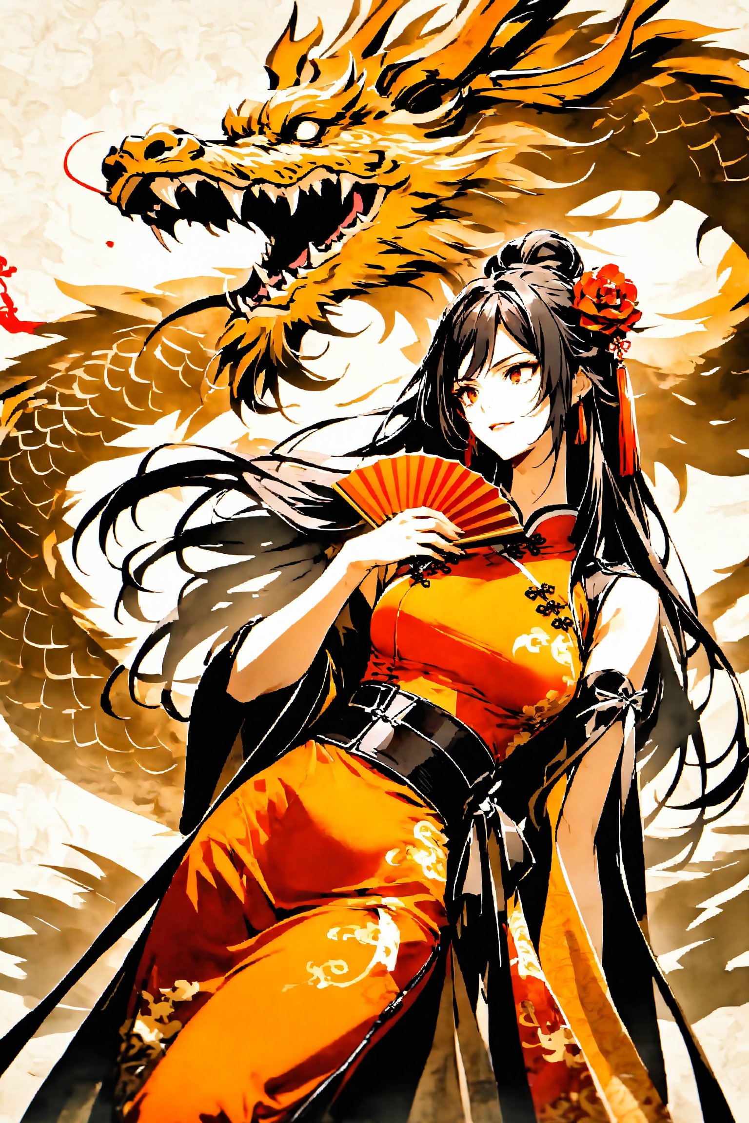 Chinese-style costume, orange costume, holding a folding fan, female boss, long hair, chinese dragon,