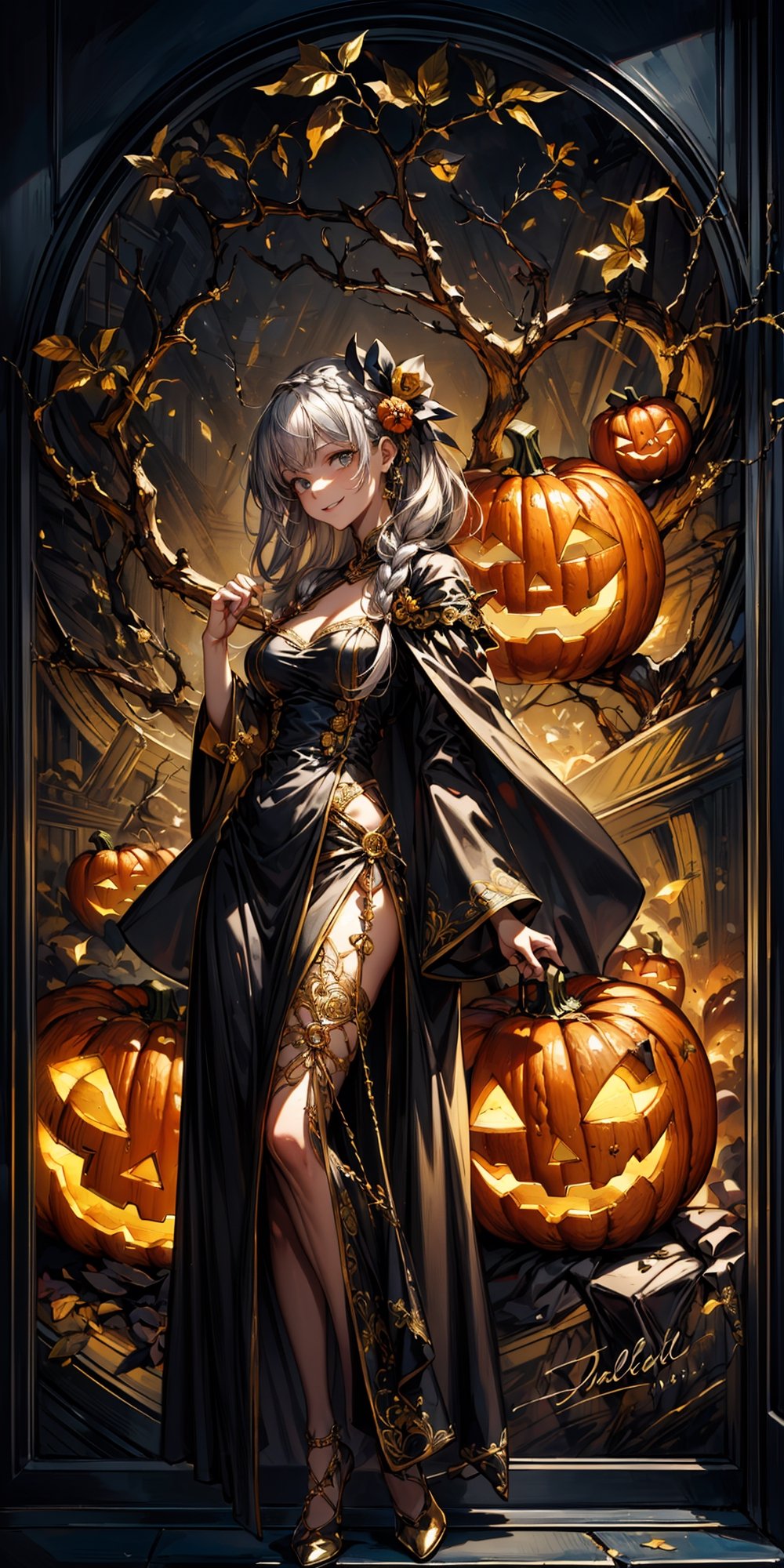 best quality,masterpiece,illustration,super detailed,High detail RAW photo,professional photograph,ultra-detailed,8k wallpaper,extremely detailed CG,official art,
cute girl, beautiful and aesthetic, (tangle, entangle, zentangle, Jack O'Lanterns ), masterpiece, concept art, (art nouveau:1.1), ultra detailed,
detailed , witch,(french braid:1.1), silver hair, smile,Jack O'Lanterns , embroidered cape, sorcerer robe,hair ornament, limited palette, (gold theme:1.2), Jack O'Lanterns   theme, Jack O'Lanterns silhouette in background, Jack O'Lanterns ornaments, bottle, Jack O'Lanterns 