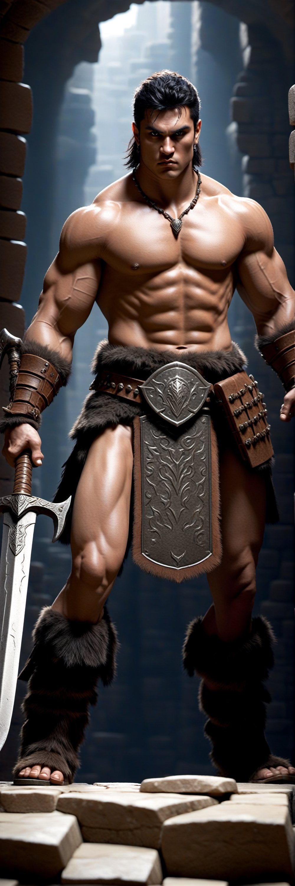 ntricately detailed illustration of a barbarian, dynamic pose with a warhammer, dark ambient, (((in a dungeon made of stones and bricks))) short hair, young strong man, backlit, raytraced, front view, gorgeous body, extremely realistic, full body shot, fantastical, imaginative, visually rich, atmospheric, zoomed, 32k resolution, best quality,upper body,