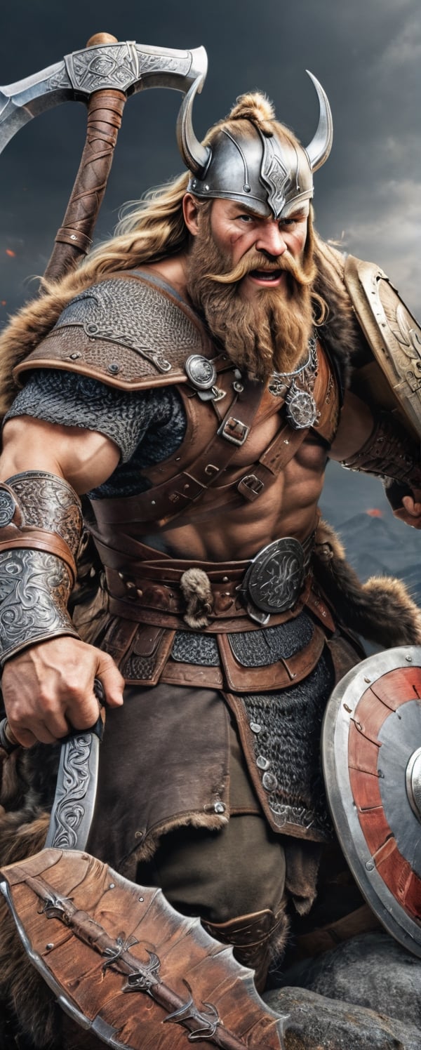 masterpiece､ultra Detailed, hyper Quality, 1 Elder Nordic Viking Warrior,light brown hair, braded hair, long beard, He is wielding a ax in one hand and a shield in the other.,