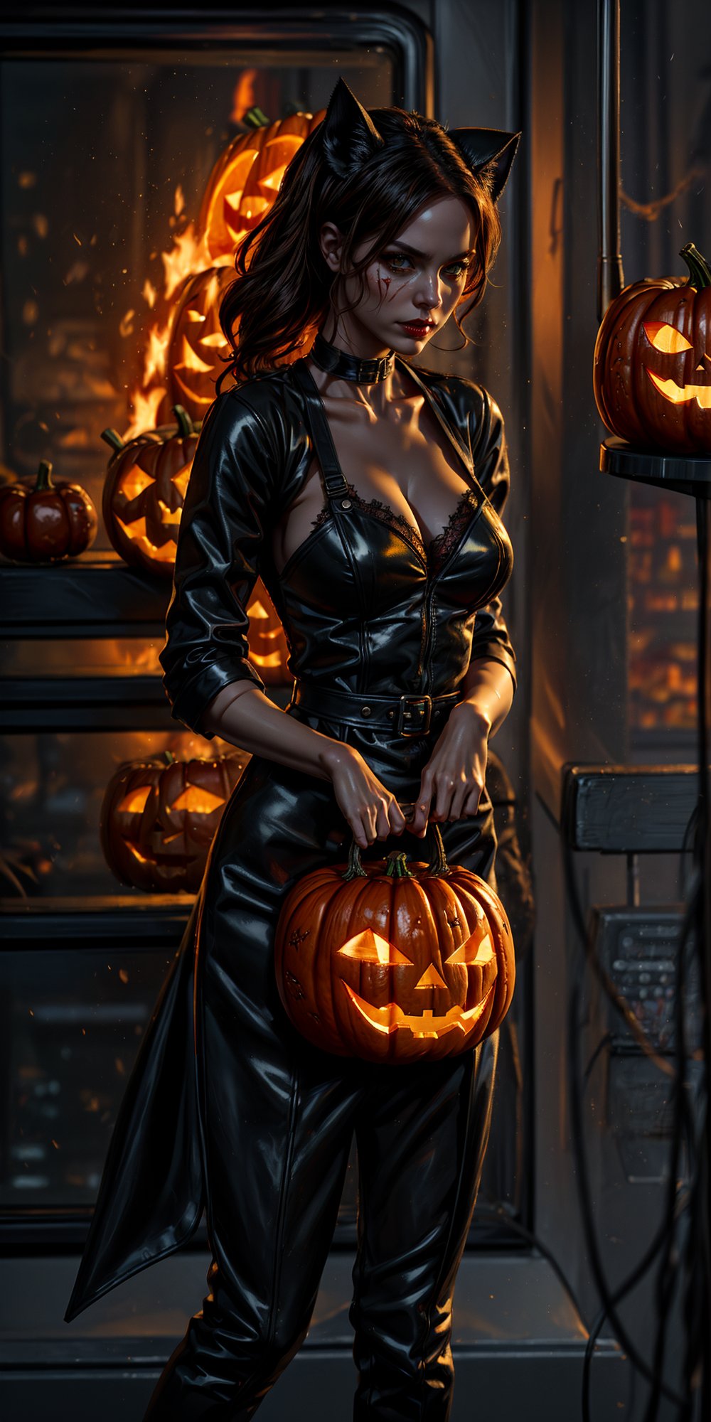  realistic, 8k, detailed, 3D rendering, high-speed blur, Cinematic, 
Catwoman wears an apron and cook  jack-o'-lantern, mask, jack-o'-lantern is on fire and burnt, with a troubled look on her face,