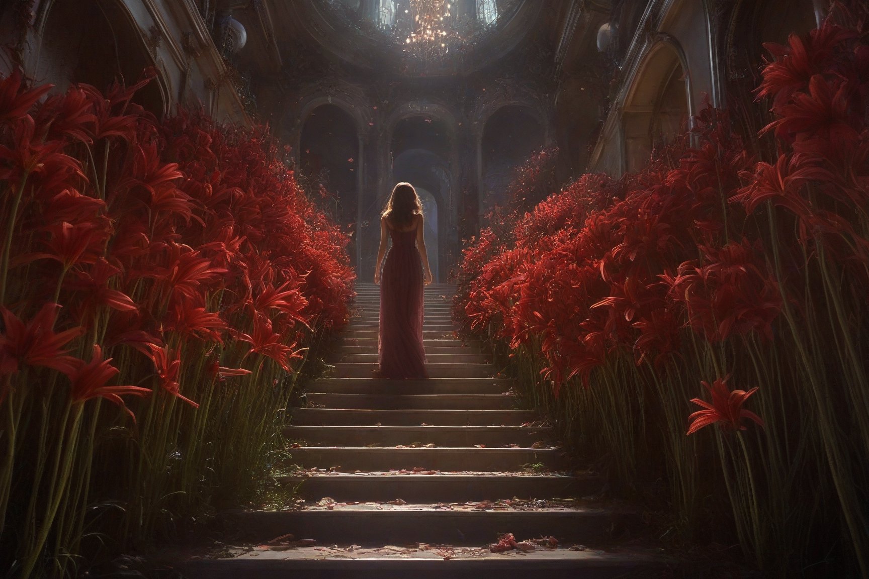 1girl, full body, high detailed, ultra realistic, Bathed in ethereal moonlight, a figure stands amidst a field of spider lilies, their crimson whispers echoing the sorrow in their eyes. Butterflies, fragile yet determined, flutter around them, drawn to the moonlit beauty and silent lament. (Focus on melancholic ambiance, contrasting colors, and the butterfly's symbolic hope), Movie Still,Amethyst,  staircase