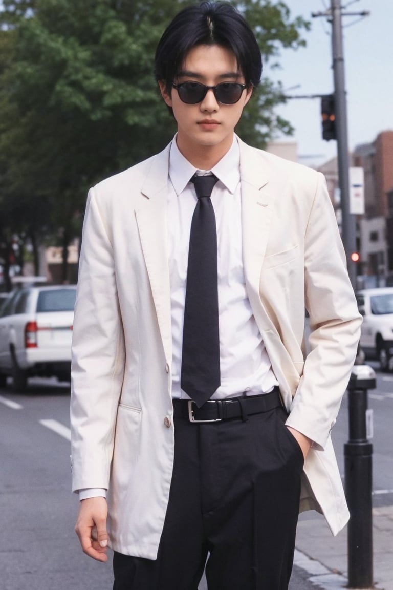 solo, short hair, shirt, black hair, 1boy, jacket, white shirt, male focus, necktie, belt, pants, black jacket, black pants, formal, sunglasses, suit, black necktie, hands in pockets,boy,Sexy Muscular