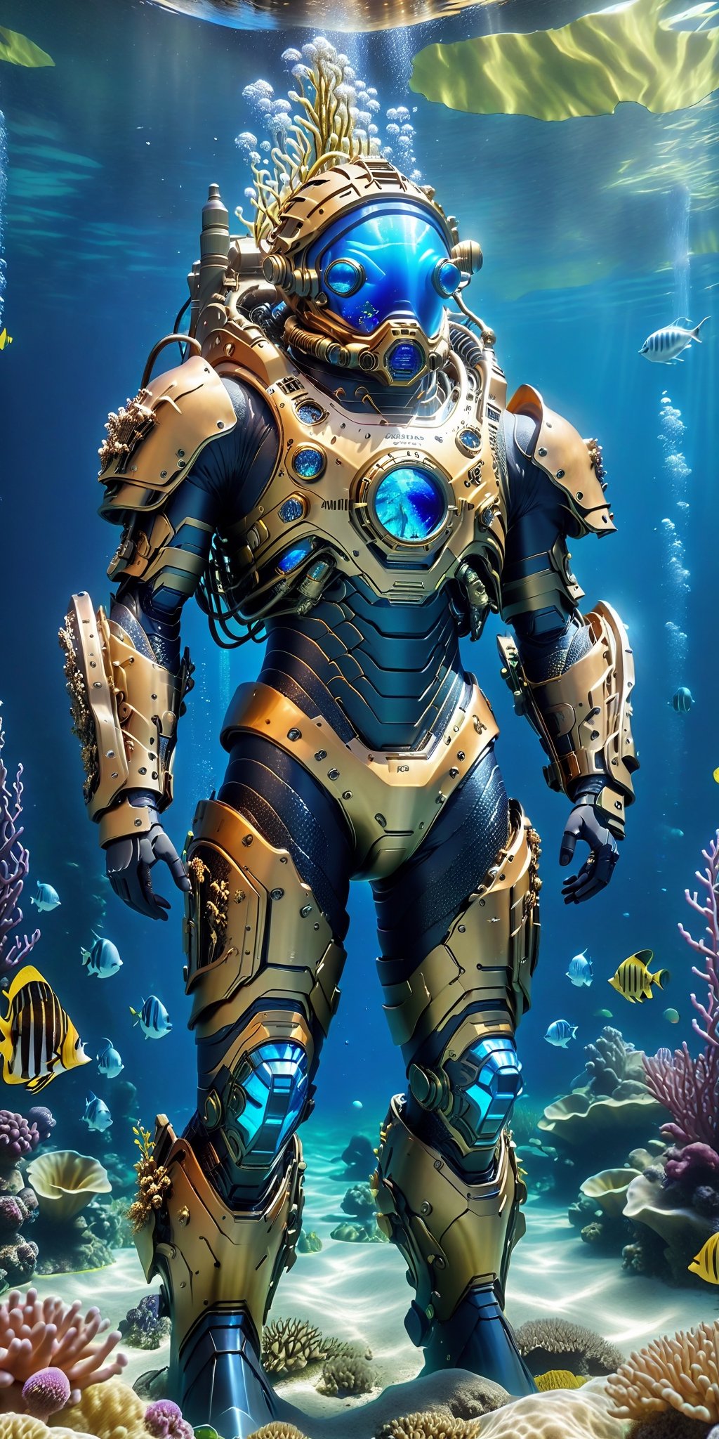 Generate an awe-inspiring image of a high-tech underwater armor suit surrounded by a stunning underwater scenery. The suit should look futuristic and cutting-edge, perfectly designed for underwater exploration. Surround the scene with magical underwater plants that emit a captivating and otherworldly glow, creating a visually striking and enchanting composition,DonMDj1nnM4g1cXL 