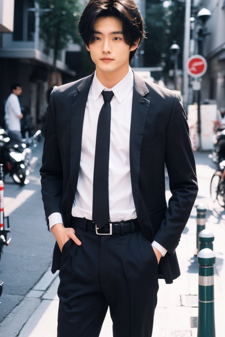 solo, short hair, shirt, black hair, 1boy, jacket, white shirt, male focus, necktie, belt, pants, black jacket, black pants, formal, suit, black necktie, hands in pockets,boy,Sexy Muscular