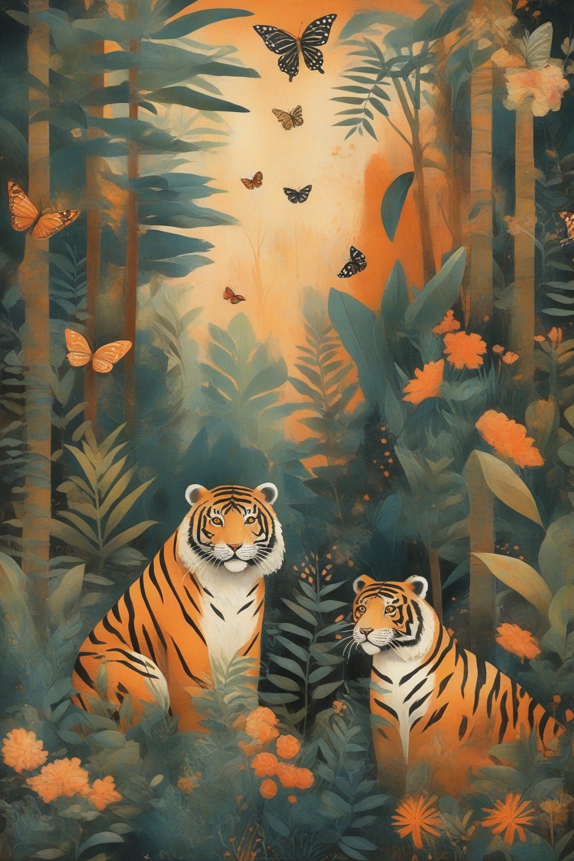A vibrant and colorful jungle scene. Dominating the scene are three tigers, each with distinct patterns and colors. One tiger is orange with black spots, another is a mix of orange and white, and the third is a pale orange with black stripes. Surrounding the tigers are various tropical plants, trees, and flora. There are also small creatures like a sloth hanging from a tree and a butterfly fluttering around. The overall ambiance of the image is playful and whimsical, with a harmonious blend of nature and animals