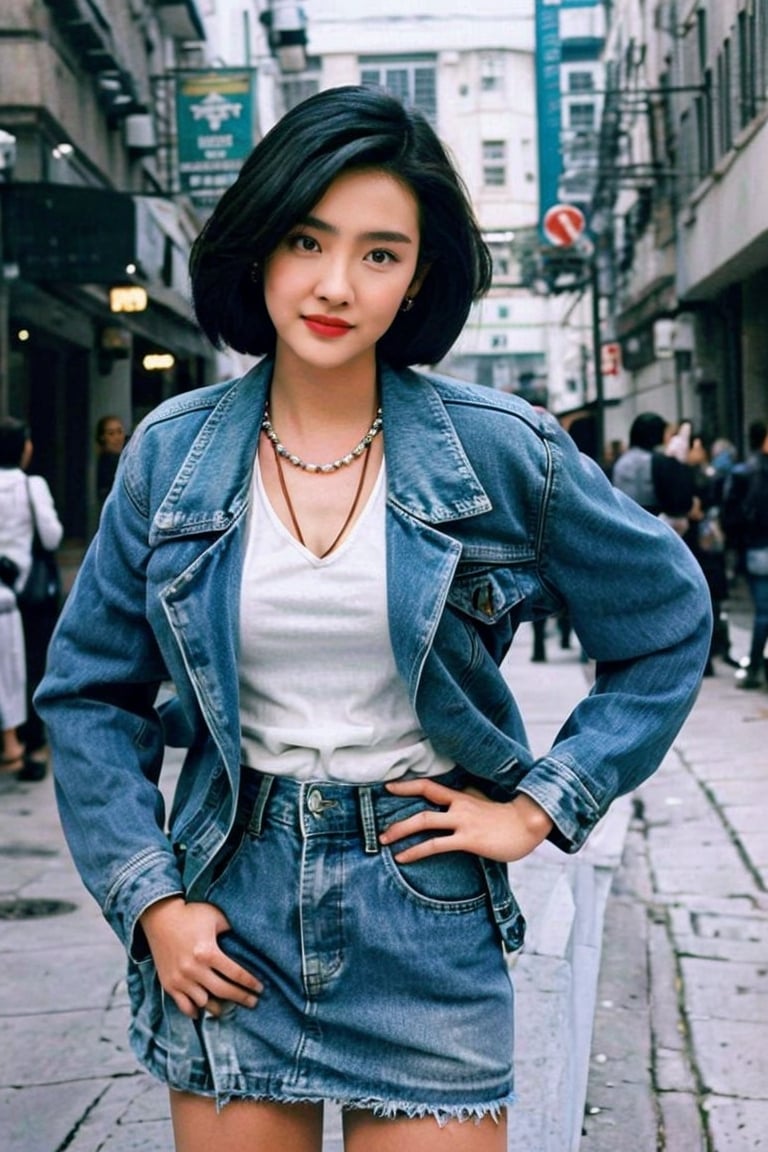 1girl, solo, looking at viewer, short hair, skirt, black hair, jewelry, jacket, earrings, necklace, black eyes, hand on hip, denim, blue jacket, realistic, denim jacket,aargoldhk