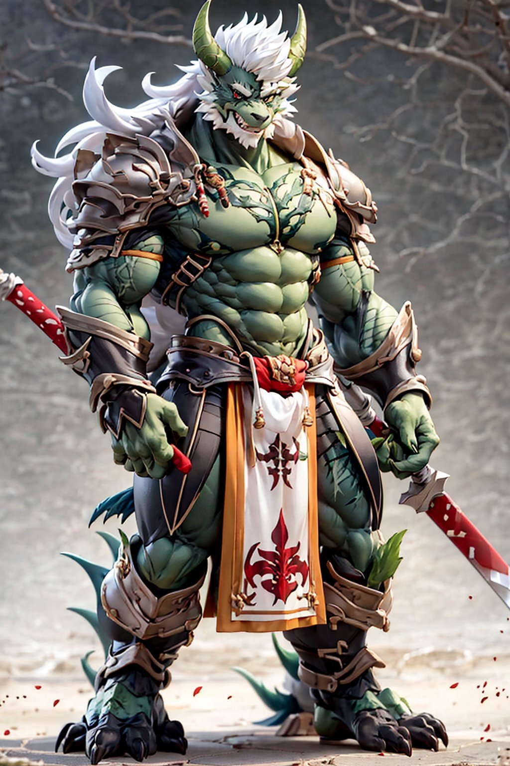 solo, long hair, looking at viewer, 1boy, standing, full body, weapon, white hair, male focus, horns, pants, sword, armor, muscular, colored skin, facial hair, scar, abs, pectorals, muscular male, shoulder armor, bara, pelvic curtain, beard, furry, pauldrons, mature male, furry male, green skin, monster boy, orc, tusks, dragon boy