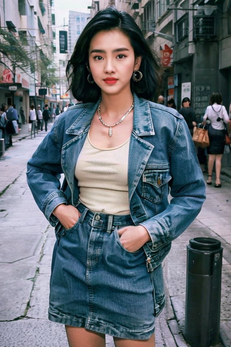 1girl, solo, looking at viewer, short hair, skirt, black hair, jewelry, jacket, earrings, necklace, black eyes, hand on hip, denim, blue jacket, realistic, denim jacket,aargoldhk