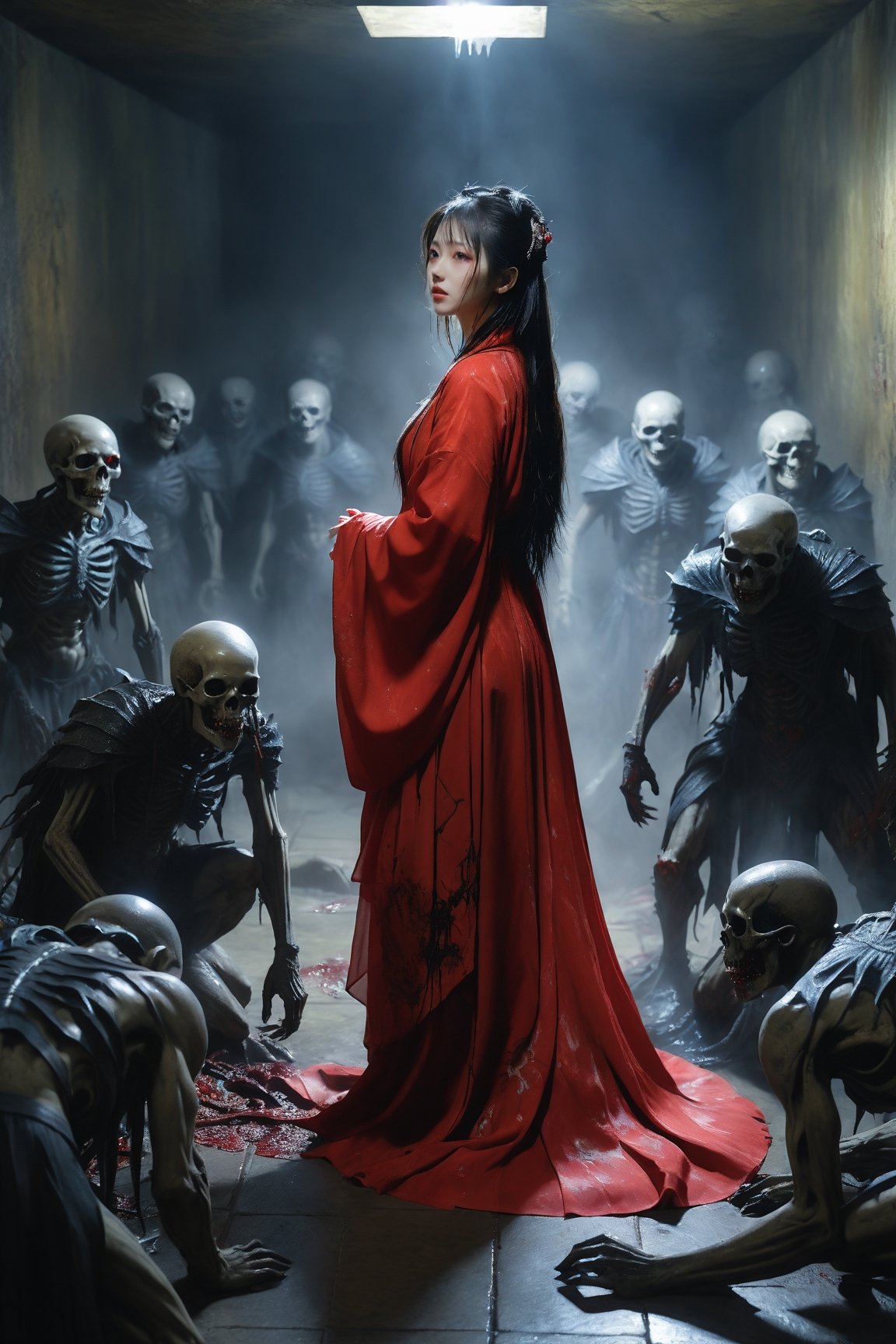 Create a spectral woman with a (translucent appearance:1.3), red Hanfu, Hell, Darkness, underground stream, wet, Demon, absurdres,portrait of the most beautiful form of chaos,elegant,a brutalist designed,vivid colours,romanticism,horror art by junji ito,ashley wood,atmospheric,trending on artstation,8k masterpiece,memento mori,full body photo of a woman in despair, visceral horror art,sombre and dark, ((surrounded by demons)),photograph,photo realistic, BREAK (dramatic, intricate, movie scene), ((epic)), (an amazing Cosmic deity Battles an army of undead creatures with holy magic:2) (dark light, crowded The Labyrinth of Reflections),(powerful colors, depth),((Natural, organic, different kind of textures & fabrics & clothes & materials)) 