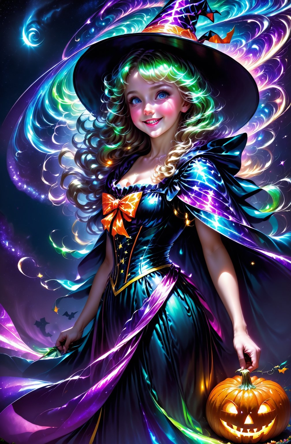 ((masterpiece:1.2, best quality)), 1girl, solo, (witch hat), a close up of a girl with curly hair, dress, aurora, night, star (sky), gloves, sky, dress, night sky, open mouth, starry sky, light blue eyes, ribbons, smile, cape, colorful hair, magic, casting spell, night, (impressionism:1.4), alphonse mucha, Halloween colors, colorful candy, magical lights, pumpkins, candies,detailmaster2,art by sargent,oil painting