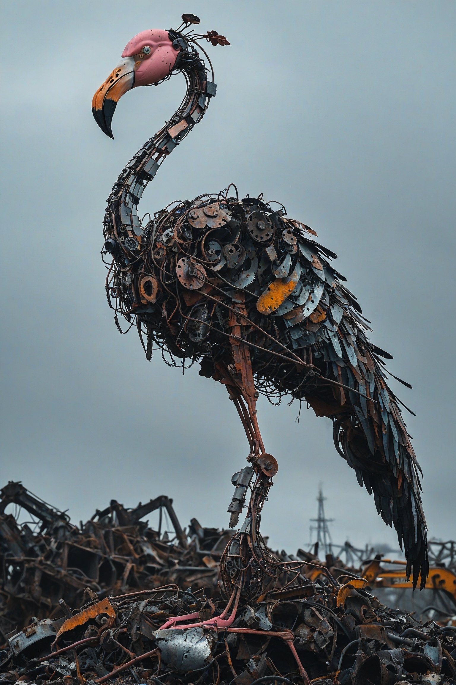 A towering, intricately constructed mechanical flamingo standing atop a mound of discarded metal and debris. The flamingo appears to be made of various metal parts, wires, and tools, giving it a skeletal and mechanical appearance. The background is overcast, adding a somber and post-apocalyptic feel to the scene.
