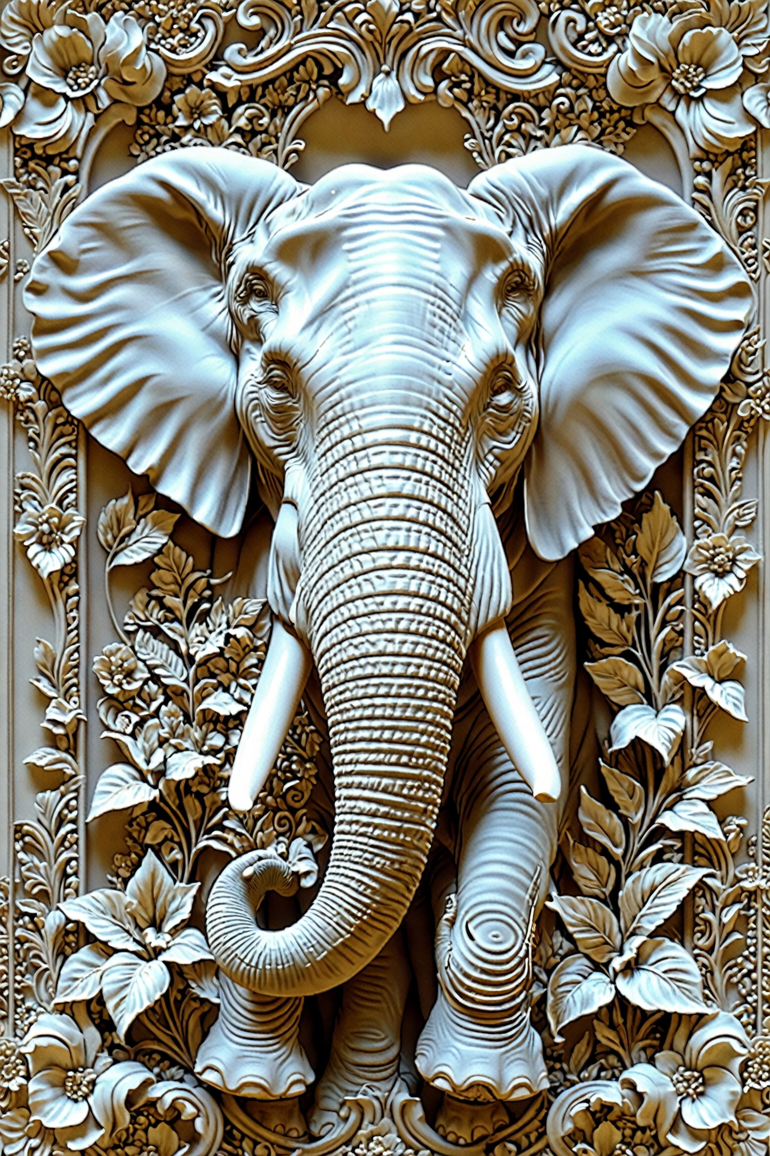 A meticulously crafted artwork of an elephant's face surrounded by intricate floral patterns. The elephant's face is detailed with wrinkles, tusks, and a trunk. The floral patterns enveloping the elephant are ornate, featuring flowers and leaves. The entire composition is framed within decorative borders, adding to the overall elegance of the piece.