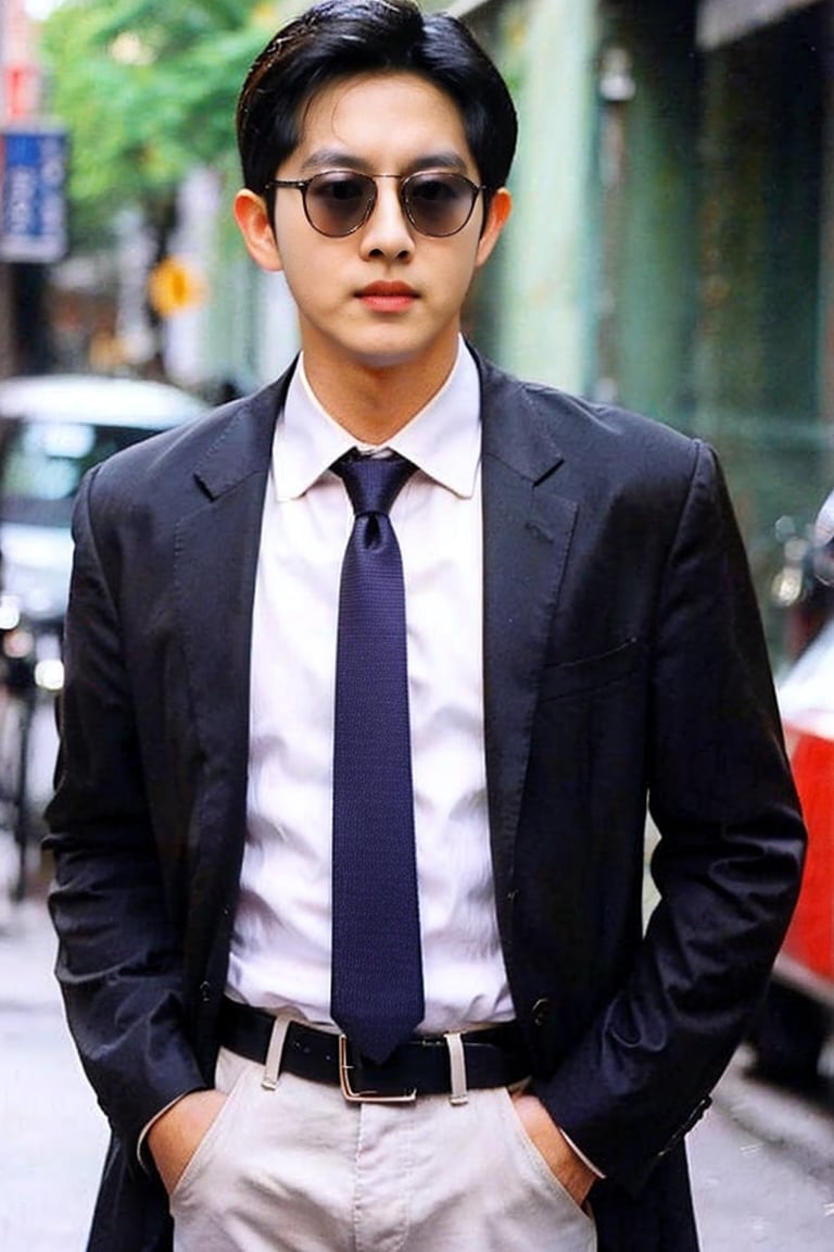 solo, short hair, shirt, black hair, 1boy, jacket, white shirt, male focus, necktie, belt, pants, black jacket, black pants, formal, sunglasses, suit, black necktie, hands in pockets,boy