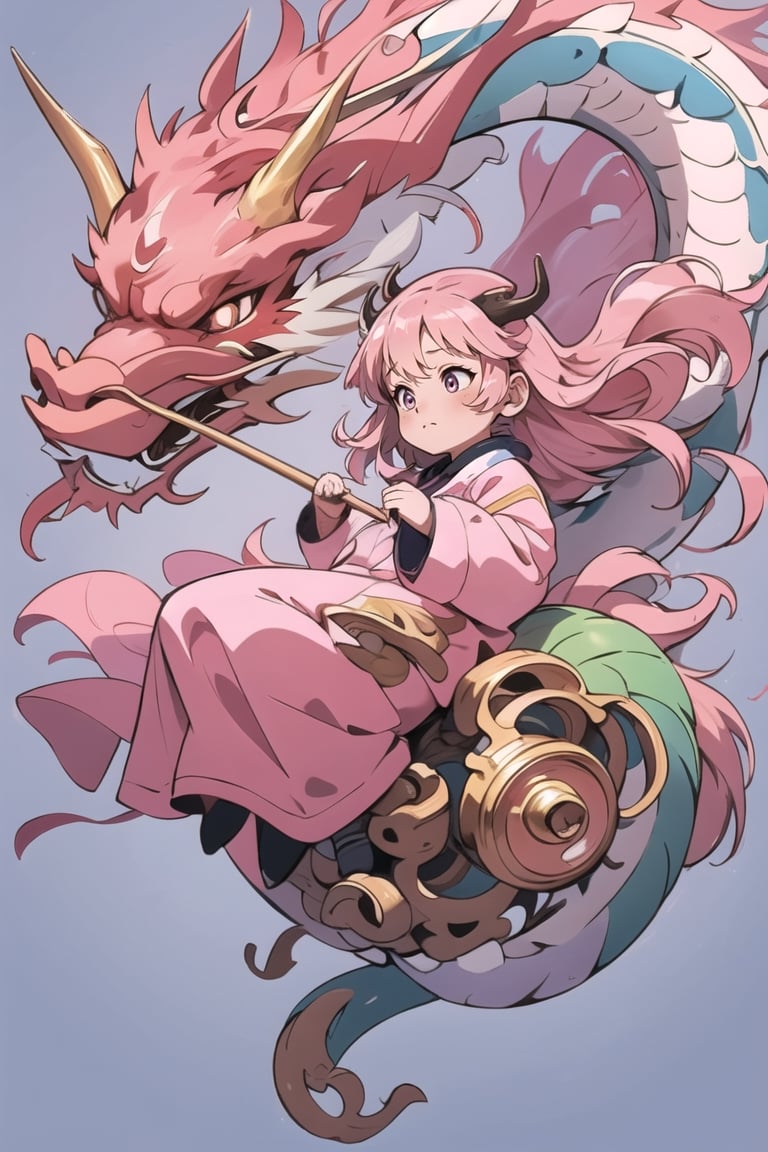 dragon venus,  1girls, solo, long hair, closed mouth, full body, floating hair, floating, metal,  mechanical body,mechanical,  dragon,complex background,  planet,dragon-themed,  pink theme,  holding stick,masterpiece,best quality,dragonink,dragonbaby