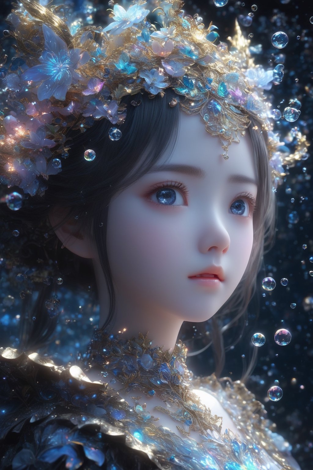 masterpiece, extremely best quality,  official art,  cg 8k wallpaper,  (Fantasy Style:1.1), (face focus,  cute,  masterpiece,  best quality,  1girl,  black background,  solo,  standing,  pixiv:1), 3d,  looking up,  light particle,  highly detailed,  best lighting,  pixiv,  depth of field,  (beautiful face),  fine water surface,  incredibly detailed,  (an extremely  beautiful),  (best quality)