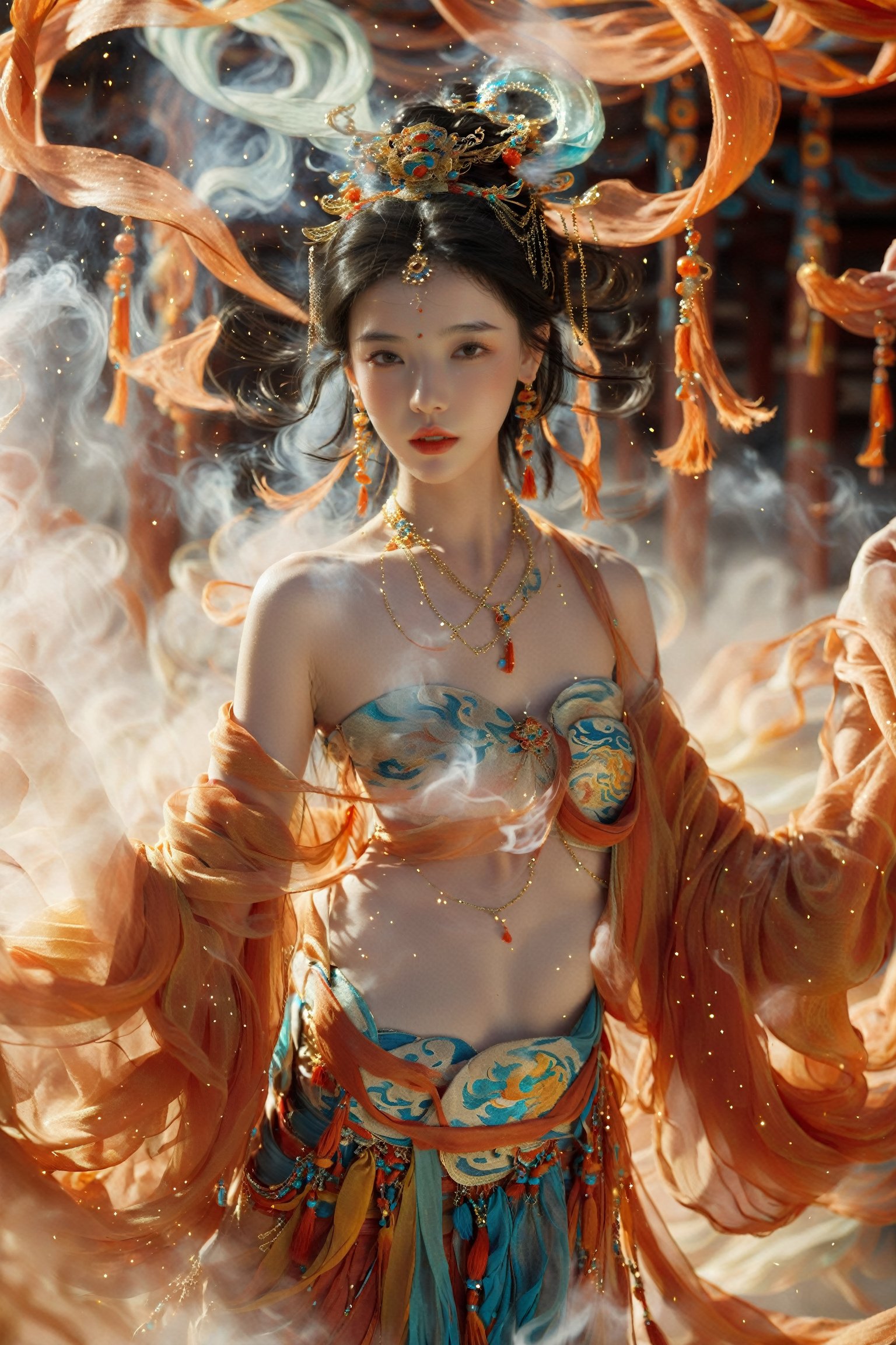 1girl, solo, looking at viewer, black hair,  bare shoulders, jewelry, standing, earrings, necklace, light particles, shawl, red lips, dunhuang, smoke,dunhuang