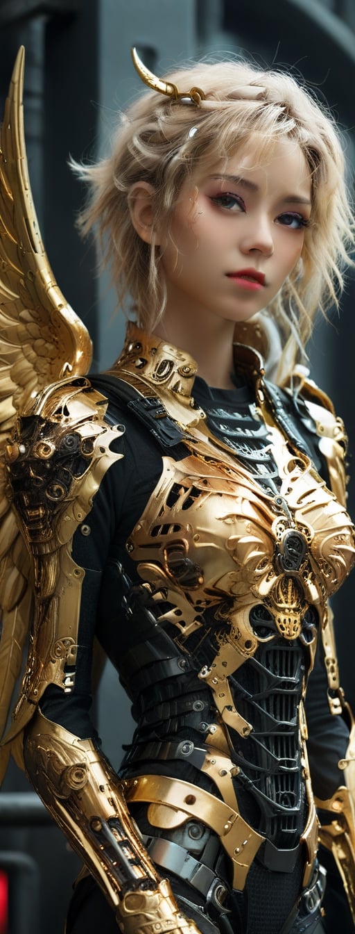 Masterpiece, bestquality, highres, high quality, [golden gate background : crismon gate background : 20], half body shoot, upper body, 2d illustration portrait of a ([angelical girl | cyberpunk girl]:1.3), 1 girl, yuzu, (devilish smile, fangs:1.3), blushing, dynamic pose, wearing [golden angelic armor : (cybernetic cyberpunk black armor) : 0.5], [demonic cyberpunk horns : (cyberpunk neon halo:1.3) : 20], [big mechanical golden angel wings | (big mechanical cyberpunk wings wings:1.2) : 5], eyes focus, squeezed eyes, [golden eyes : (red eyes, glowing eyes) : 33], glossy lips, detailed face, vibrant scene
