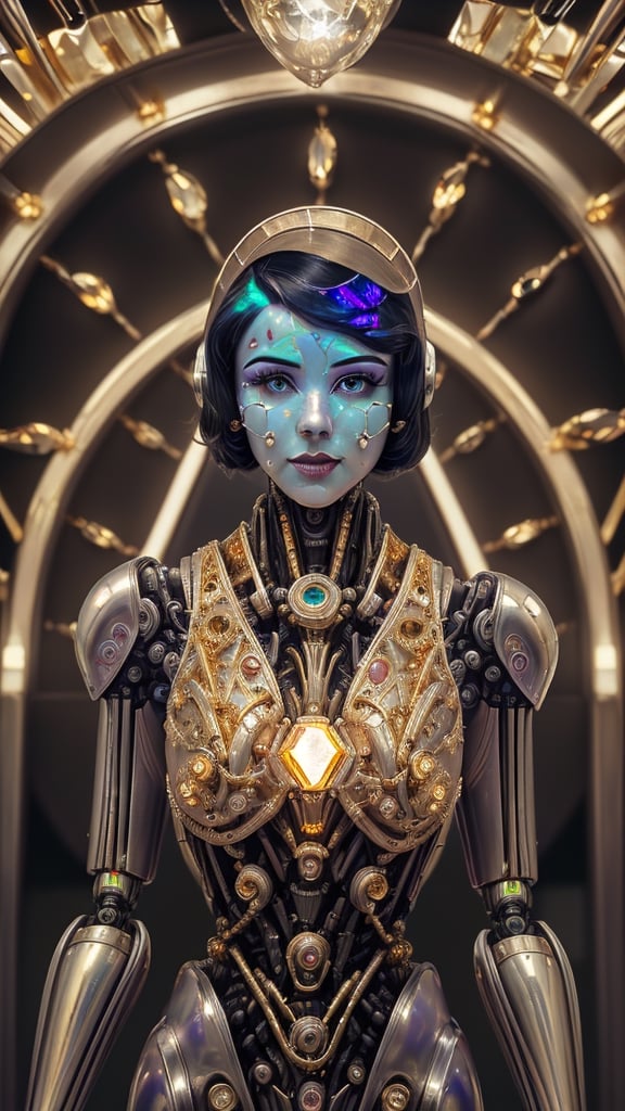 (masterpiece),(ultra realistic), (Highly detailed), (photo medium shot:1.5), (Create a half body photo shot realistic of an biomechanical retro styled robot girl with all face skin made of light purple gem stone pieces with inlay of intricate mechanical highly polished german silver gears and pieces on the face and body, many lines of gold decorate in art deco style her face and body:1.5), (sub surface scatering light:1.2) on background a big hall of a retro futuristic buiding in art deco style of 30's, noir sci fi movie, retro futurism, many gold, polished chrome, gem stone black opal, glass and luxurious, (medium shot:1.5)cinematic illumination,futubot 