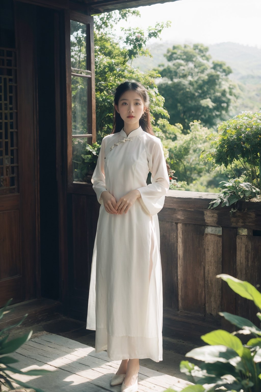 Vietnamese girl in áo dài, nature scene, ethereal and poetic style, soft natural light, flowing áo dài fabric, surrounded by lush greenery or scenic landscape, contemplative expression, harmonious connection with nature, traditional grace and beauty, dreamy and romantic ambiance, capturing the essence of a poetic muse,aodai,VINTAGE, looking_at_viewer, ,dream_girl