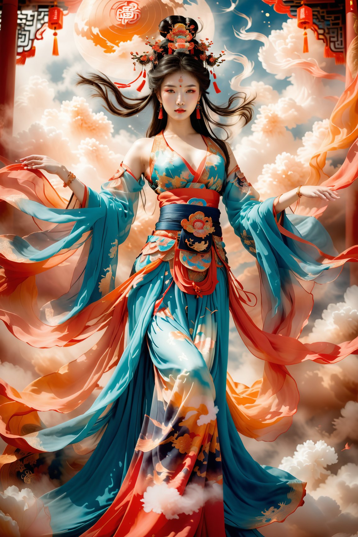 In a majestic, high-resolution digital illustration, the revered Chinese goddess stands majestically in Dunhuang, surrounded by ethereal clouds and celestial soft lighting that evokes her divine aura. Her enchanting beauty is radiated through her porcelain-like complexion, as she embodies the mythical art style of ancient China. The delicate folds of her silk robes flow effortlessly, while her eyes sparkle with an otherworldly charm. Captivating details reveal intricate patterns on her garments and accessories, transporting viewers to a realm of Chinese mythology where revered deities like herself reign supreme in divine splendor.