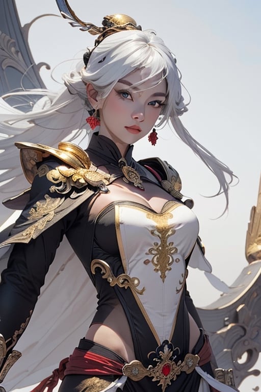 best quality, high resolution, 8k, realistic, sharp focus, photorealistic image of a graceful white haired lady, blue eyes, this lady wearing golden armor with golden magical bell in her possesion, shiny skin, ice theme, huoshen, zhurongshi, huoshen, blurry_light_background, EpicSky,1 girl