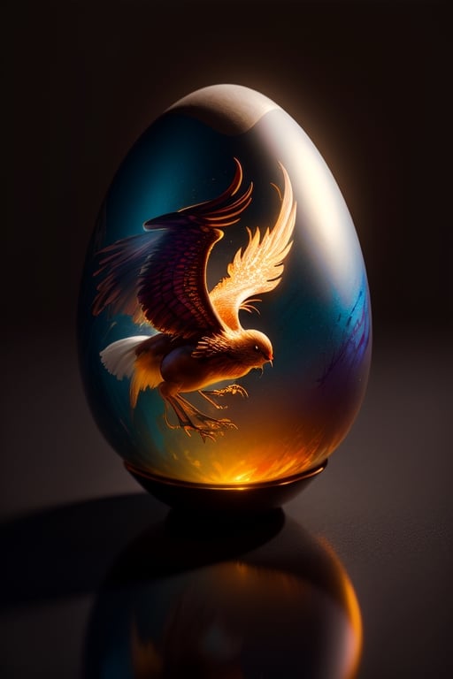 masterpiece , realistic,, one chinese fire phoenix wing inside a translucent egg, full body ,stunning beauty, hyper-realistic oil painting, vibrant colors, dark chiarascuro lighting, a telephoto shot, 1000mm lens, f2,8,Vogue,more detail XL, ,easter
