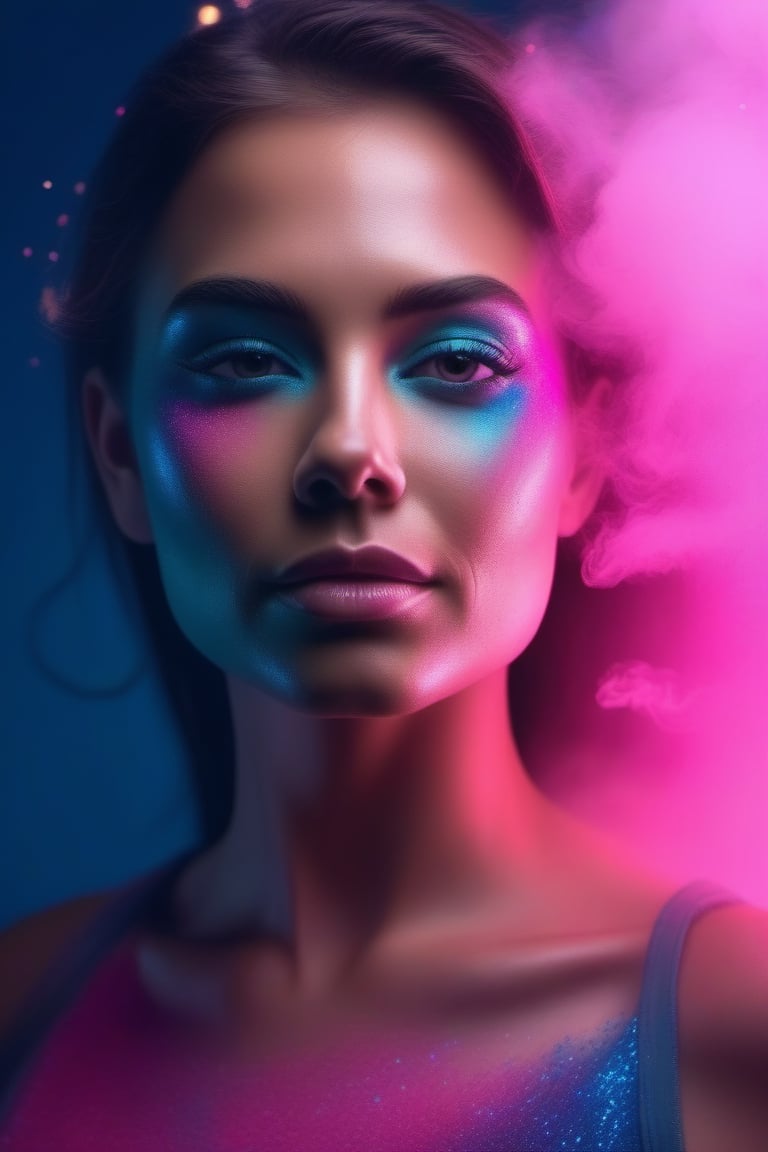 beautiful 30 years old woman's face illuminated by colored lights photorealistic background bright colors Luminous neon pink and neon blue glitter dust background with pink and blue smoke vapor