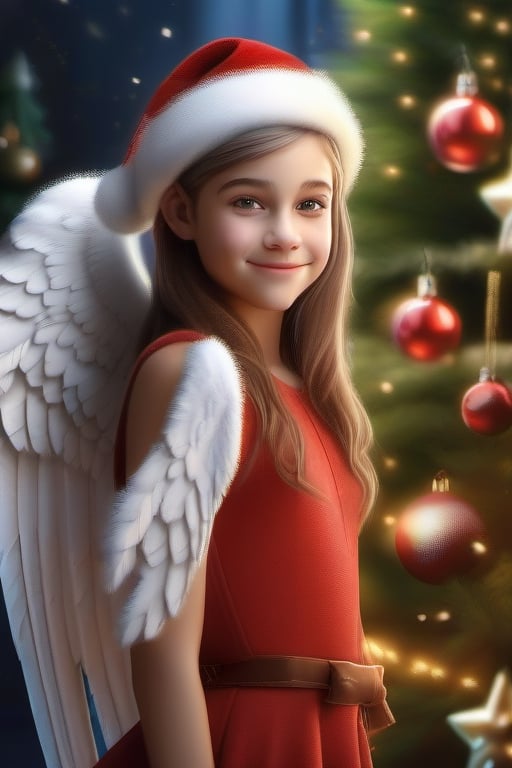 best quality, masterpiece:1.2, photorealistic:1.4, highly detailed), a portrait of 1 beautiful girl like an angel, full body, representing celestial beauty, detailed angel wings, wear red santa hat, glowing holy light, sharp-focus, (slightly smiling), realistic detailed skin texture, high resolution, masterpiece, very realistic, futuristic christmas tree background, 