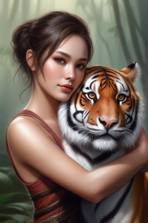 There is a woman holding a tiger man in her arms, Graphic artist Magali Villeneuve, Magali Villeneuve», inspirado em Magali Villeneuve, arte de fantasia hiperrealista, airbrush digital oil painting, Artgerm e Ruan Jia, pintura de fantasia realista, Amano e Karol Bak, arte de fantasia digital ), Ruan Jia e Artgerm