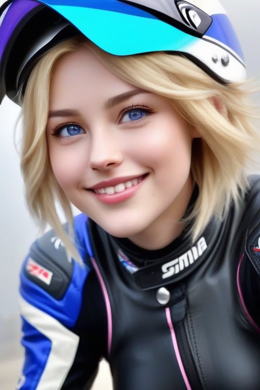 masterpiece, best quality, detailed,Perfect Anatomy, Beautiful white skin ,blond hair,blue eyes,disheveled hair,slim,adult, ,1woman,Beautiful well-rounded face, drooping eyes,pointy high nose,smile,nose bridge,Violet Evergarden, whole body,
Motorcycle Racers,Leather racing suit,
Helmet in hand,
outdoor,circuit,motorcycle race,In front of a racing motorcycle,Walz