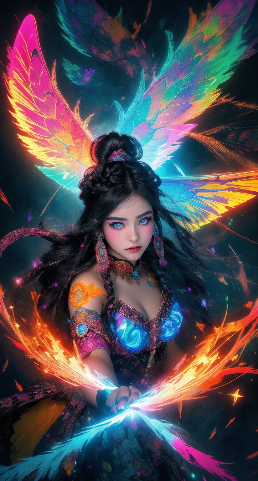 A vibrant anime-inspired scene unfolds: a teenage girl with long black hair styled in intricate braids sits amidst elemental elements - swirling clouds of misty gray and wispy tendrils of fiery orange. Her bright light blue eyes sparkle like stars as she gazes intently at the delicate butterfly perched on her outstretched hand, its iridescent wings shimmering in harmony with her own fiery aura. The ringmaster's top hat and colorful costume lie discarded nearby, a testament to the whimsical energy of this mystical realm.,midjourney