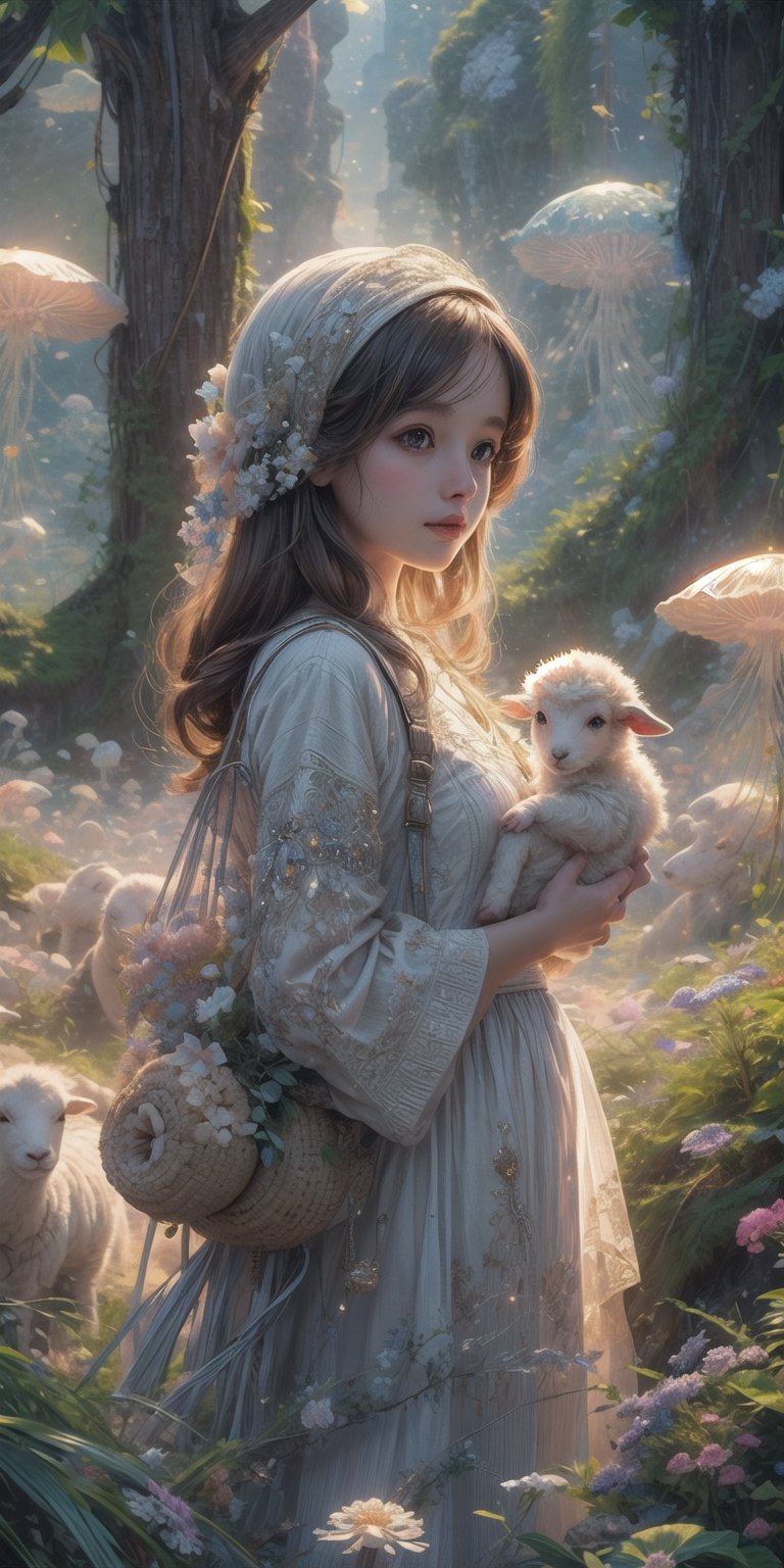 1 girl, in flower field, holding cute white lamb ,detailed lamb , detailed face, ,fantasy_world,jellyfishforest