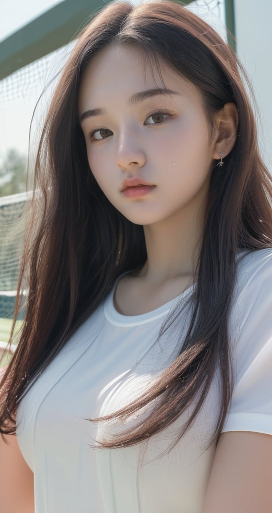 (8k,  best quality,  masterpiece,  ultra high res,  highly detail face:1.3),  portrait,  (18 years old girl:1.3),  beautiful,  kawaii,  (very wide shot :1.2),  (long hair :1.3),  dark hair,  ((bob)),  clothes,   sweat ,  (morning:1.3), tennis-court, white tennis wear,  from below:1.3