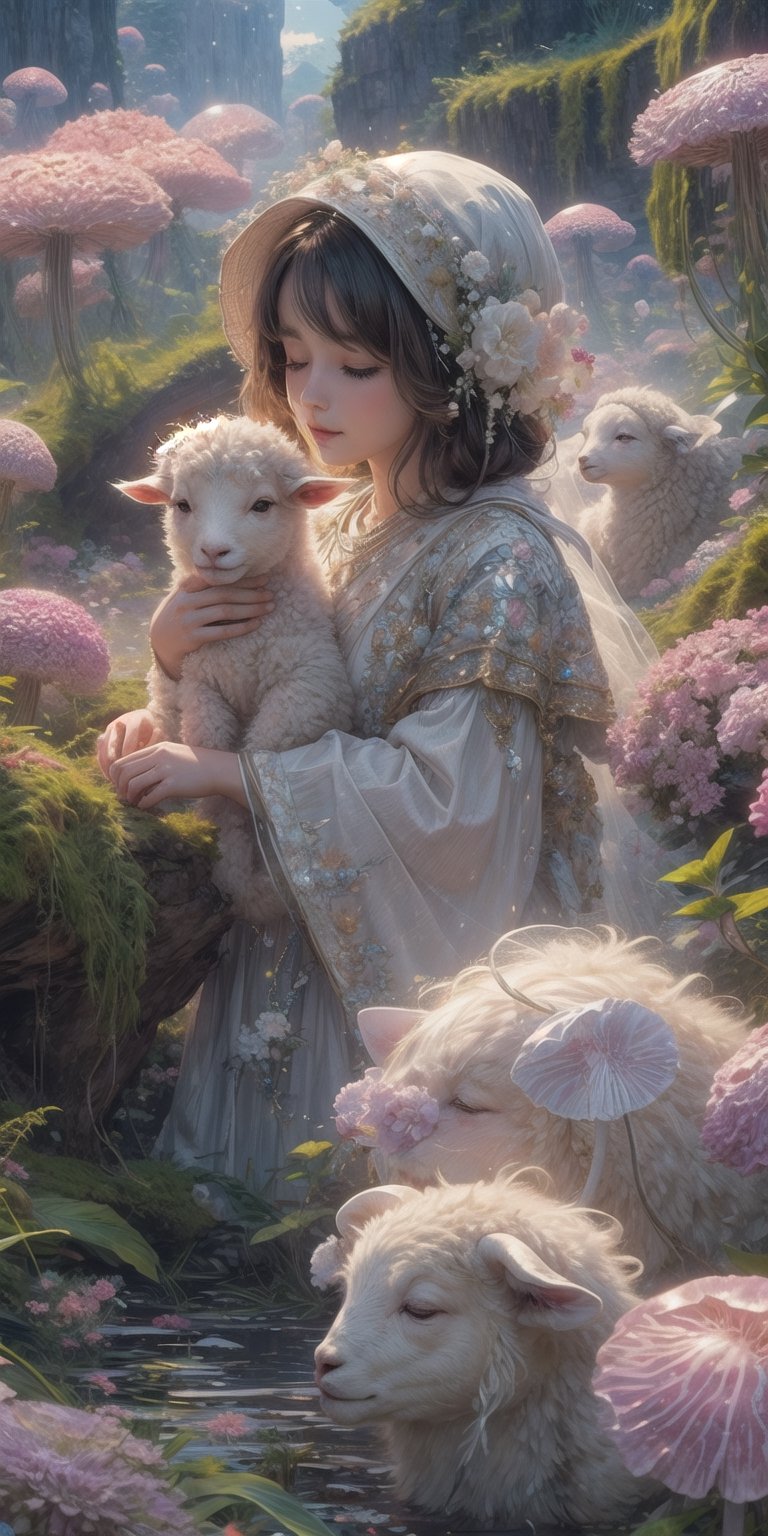 1 girl, sleep in flower field, holding cute white lamb ,detailed lamb , detailed face, ,fantasy_world,jellyfishforest