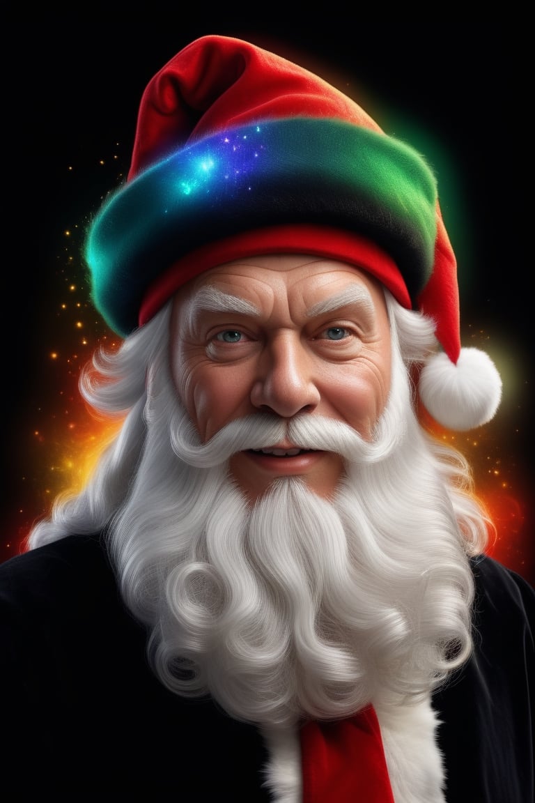 ((masterpiece, photo realistic)), dutch angle, Santa Clausf wearing wizard hat, a glowing black wizard hat, colorful, magical, beautiful, Santa is ready to cast a big spell for Christmas,  festive, warm feeling, ,<lora:659095807385103906:1.0>
