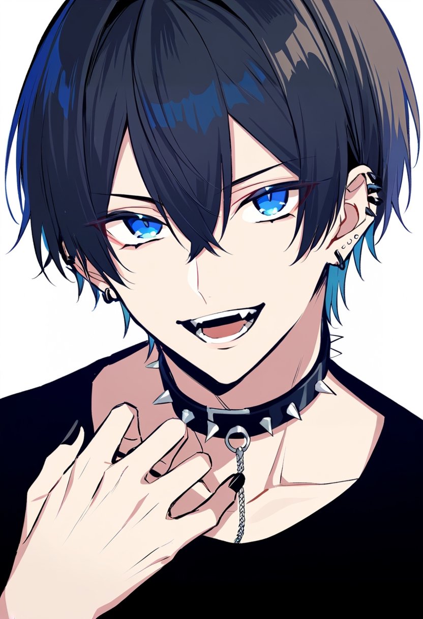 solo, looking at viewer, short hair, open mouth, bangs, blue eyes, shirt, black hair, 1boy, hair between eyes, jewelry, male focus, earrings, choker, collar, black shirt, fangs, piercing, ear piercing, black nails, black collar, spiked collar