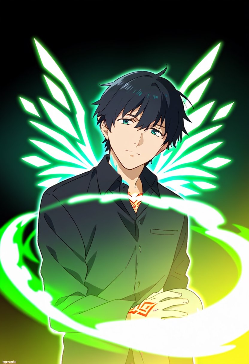 1boy, (Countless floating vibrant rhombus wings), vibrant black aura, floating while holding a bright red Rhombus, (glowing Rhombus tattoos), glowing Rhombus arm tattoos, (cinematic angle, depth of field, bokeh, looking at reflection), (((anime))),. short black hair, black eyes,black_collared shirt,best quality, masterpiece, nai3, (Flat_color), (black background), simple background 