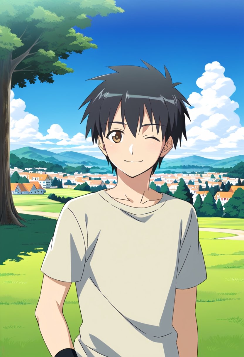 solo, smile, shirt, 1boy, green eyes, male focus, short hair, black hair, outdoors, light green short sleeved peasent shirt, one eye closed, sky, day, cloud, tree, blue sky, black wristband, village,anime,best quality, masterpiece, nai3, (Flat_color)