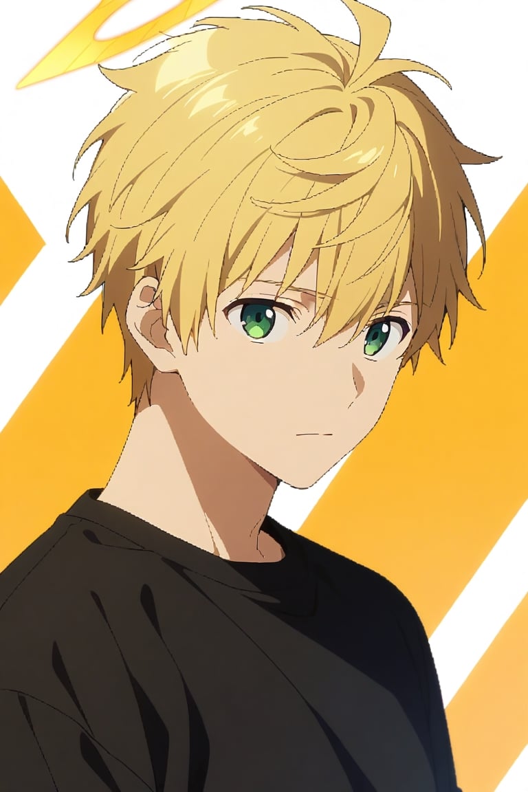 solo, green eyes, blonde hair, shirt, 1boy, hair between eyes, closed mouth, green eyes, male focus, black shirt, upper body, arthur pendragon \(fate\),anime, white rhombus shape halo behind head, ((white rhombus shape halo behind head))