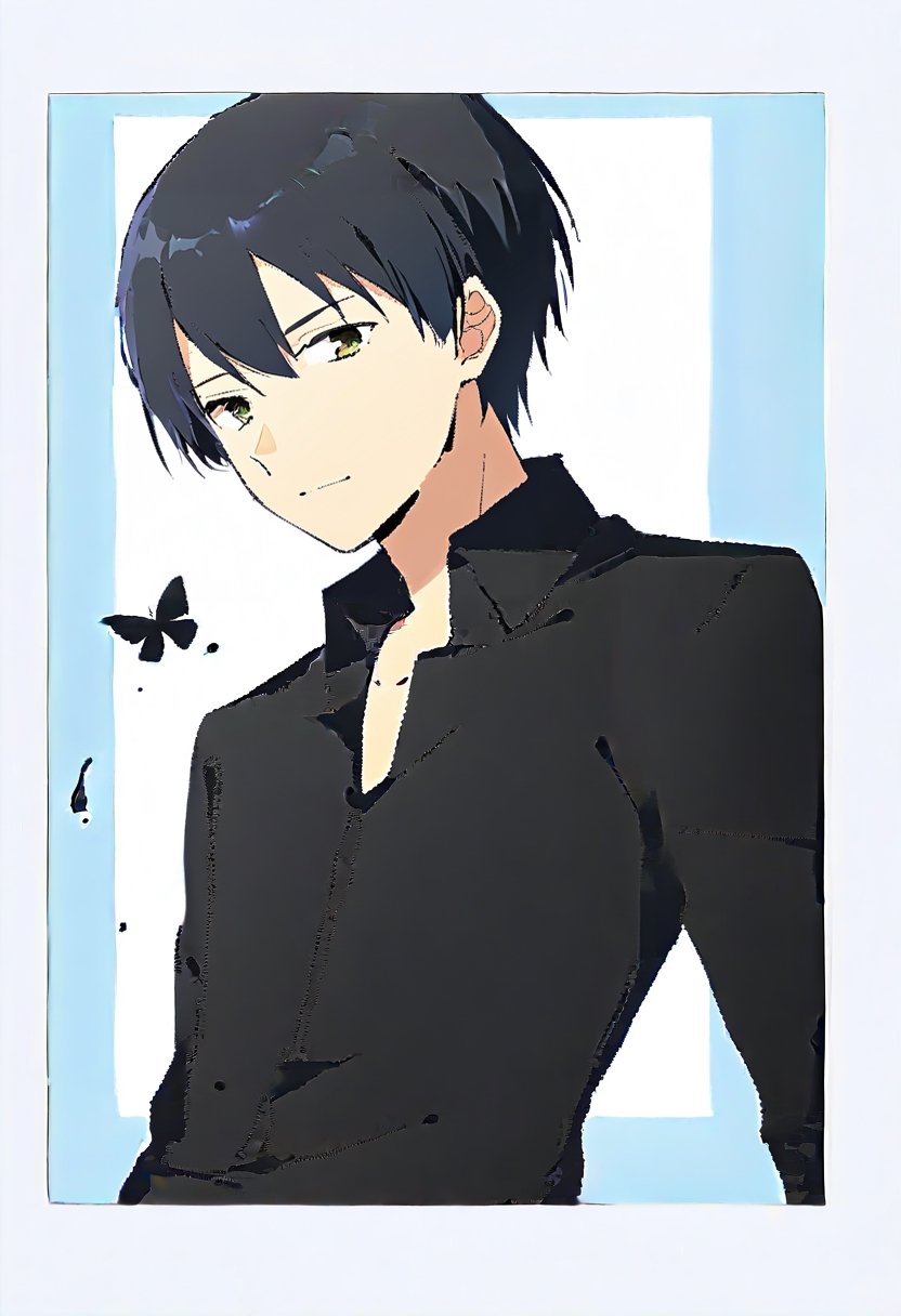 1boy, short black hair, black eyes,black shirt, black_collared shirt, ((holding black melting butterfly)),best quality, masterpiece, nai3, (Flat_color)