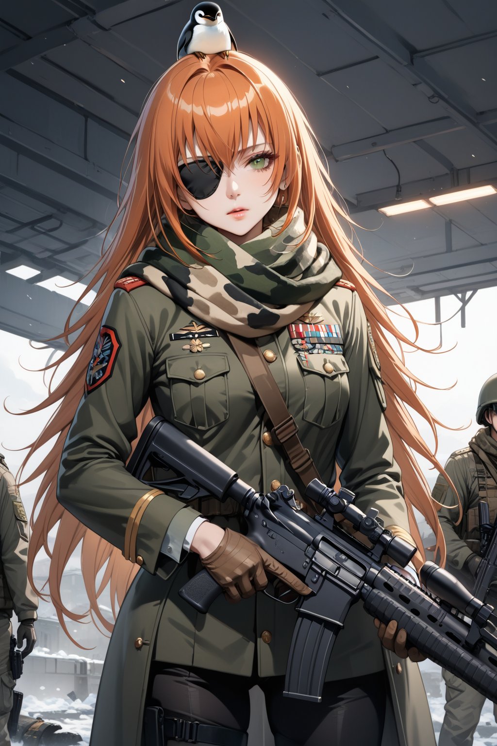 score_9, score_8_up, score_7_up, score_6_up, source_anime, masterpiece, best quality, ultra-detailed, highres, absurdres, Expressiveh, 
1girl, solo, cz2128_delta \(overlord\), long hair, green eyes, orange hair, eyepatch, 
military uniform, double breasted jacket, scarf, camouflage, gloves,boots, 
military base, outdorrs, 
girl is petting a penguin on the head, weapon, gun, rifle, assault rifle, 