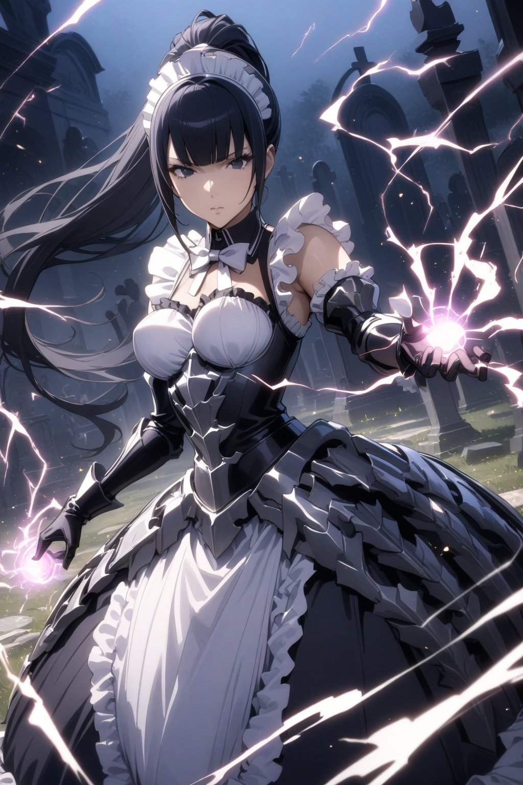 score_9, score_8_up, score_7_up, score_6_up, masterpiece, best quality, ultra-detailed, highres, absurdres, natural lighting,
1girl, narberal gamma \(overlord\), long hair, black hair, ponytail, bangs, glay eyes, perfect body, 
maid, dress, ribbon, bow, armor, gloves 
cemetery, graveyard, night_sky, 
 glowing magical runes, electric magic, lightning, surrounded by electric, Her hands command orbs of electric, sparks, sparking sparks, floating particles, loating electric, a raging lightning dances, action shot, fighting stance, dynamic pose, 